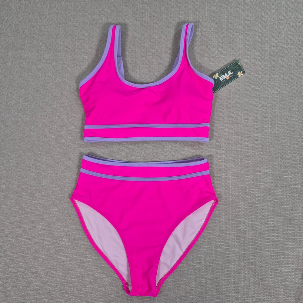 BMJL Women Pink Purple High Waisted Sporty Scoop Neck Bikini Swimsuit Set Size S